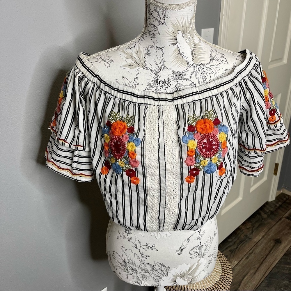 American Eagle Crop Top Floral Festival Boho Cinch Waist Striped Sz Medium